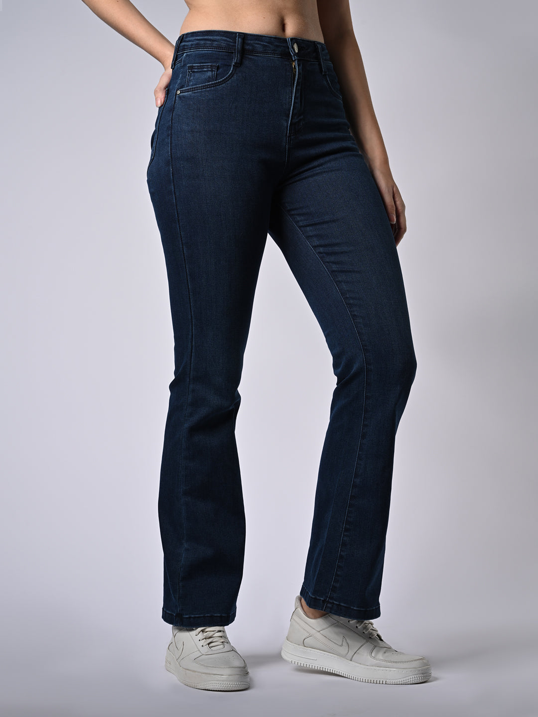 Women Dark Blue High-Rise Mini Flare Jeans