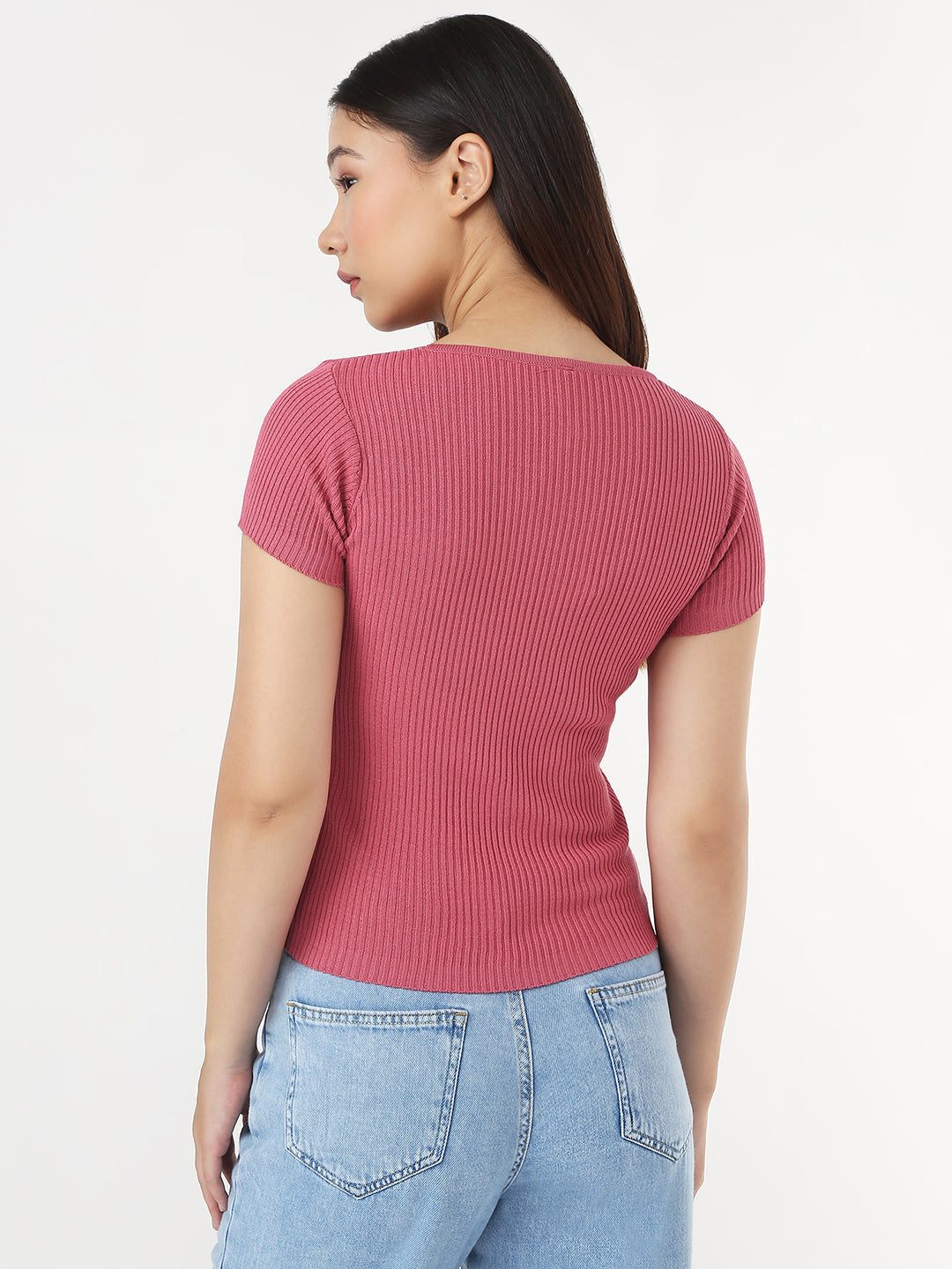Women Blush Pink Slim Flat Knit Top