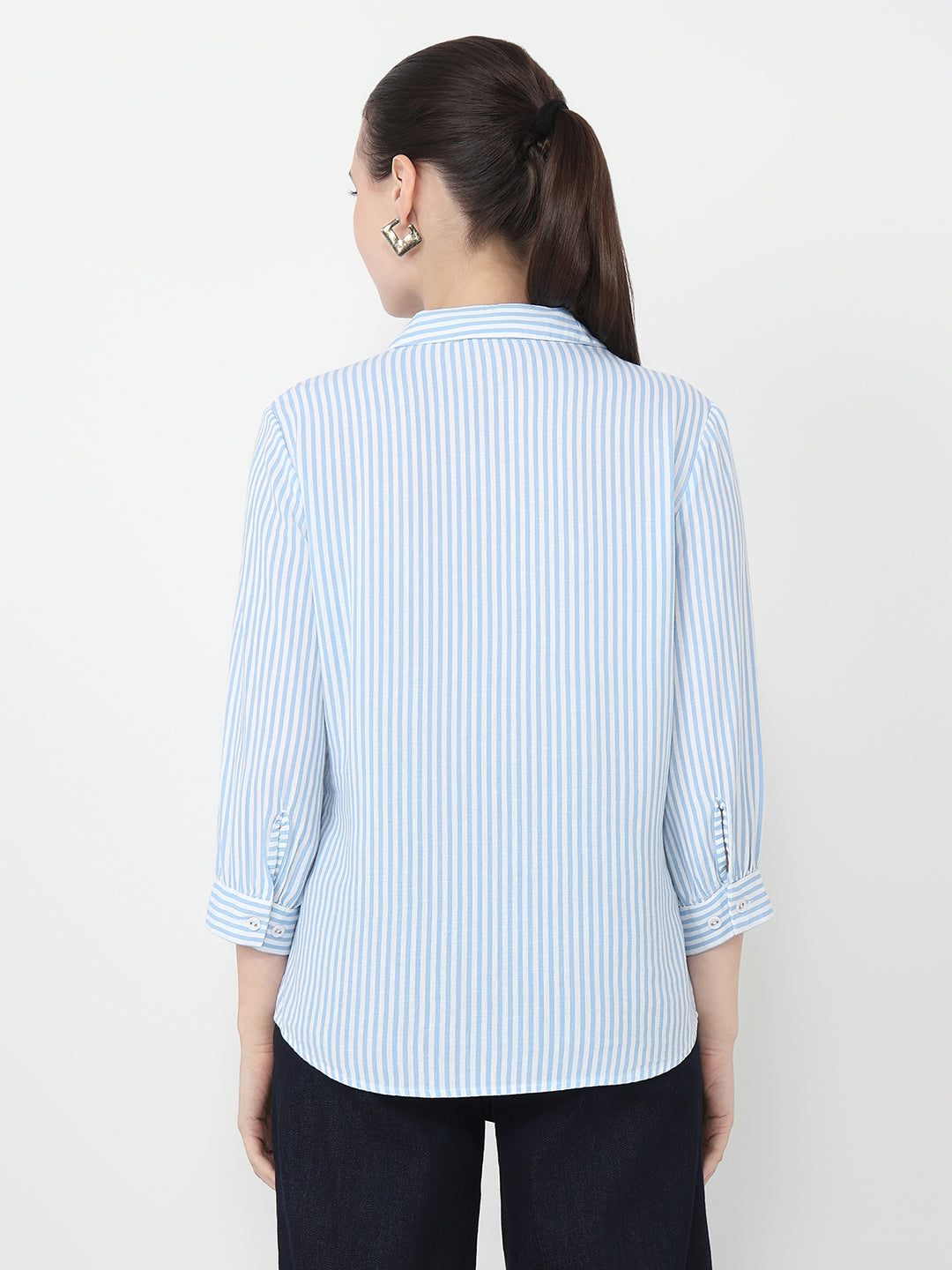 Women Sky/White Slim Fit Stripe Shirt