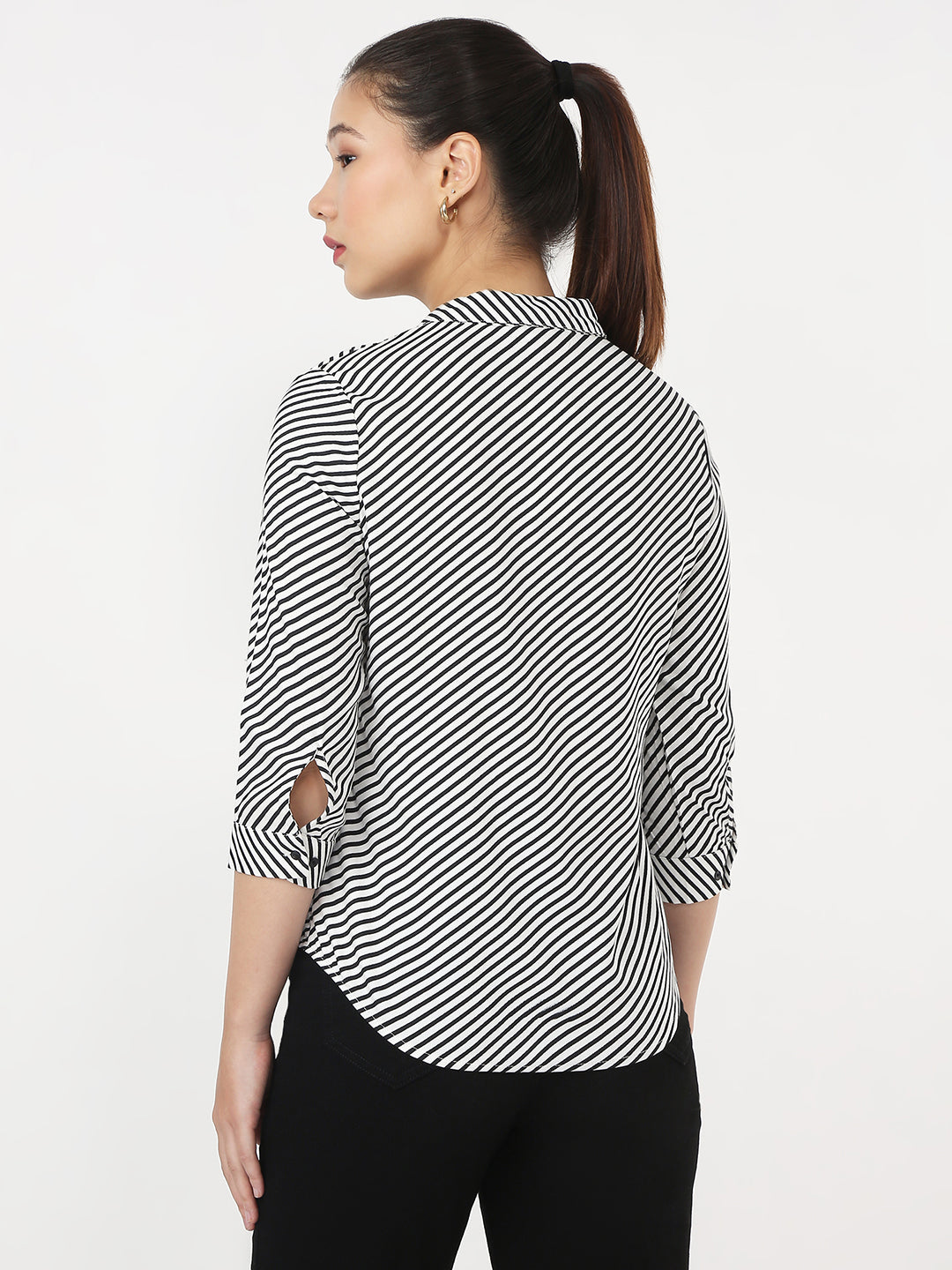 Women Black & White Slim Stripe Shirt