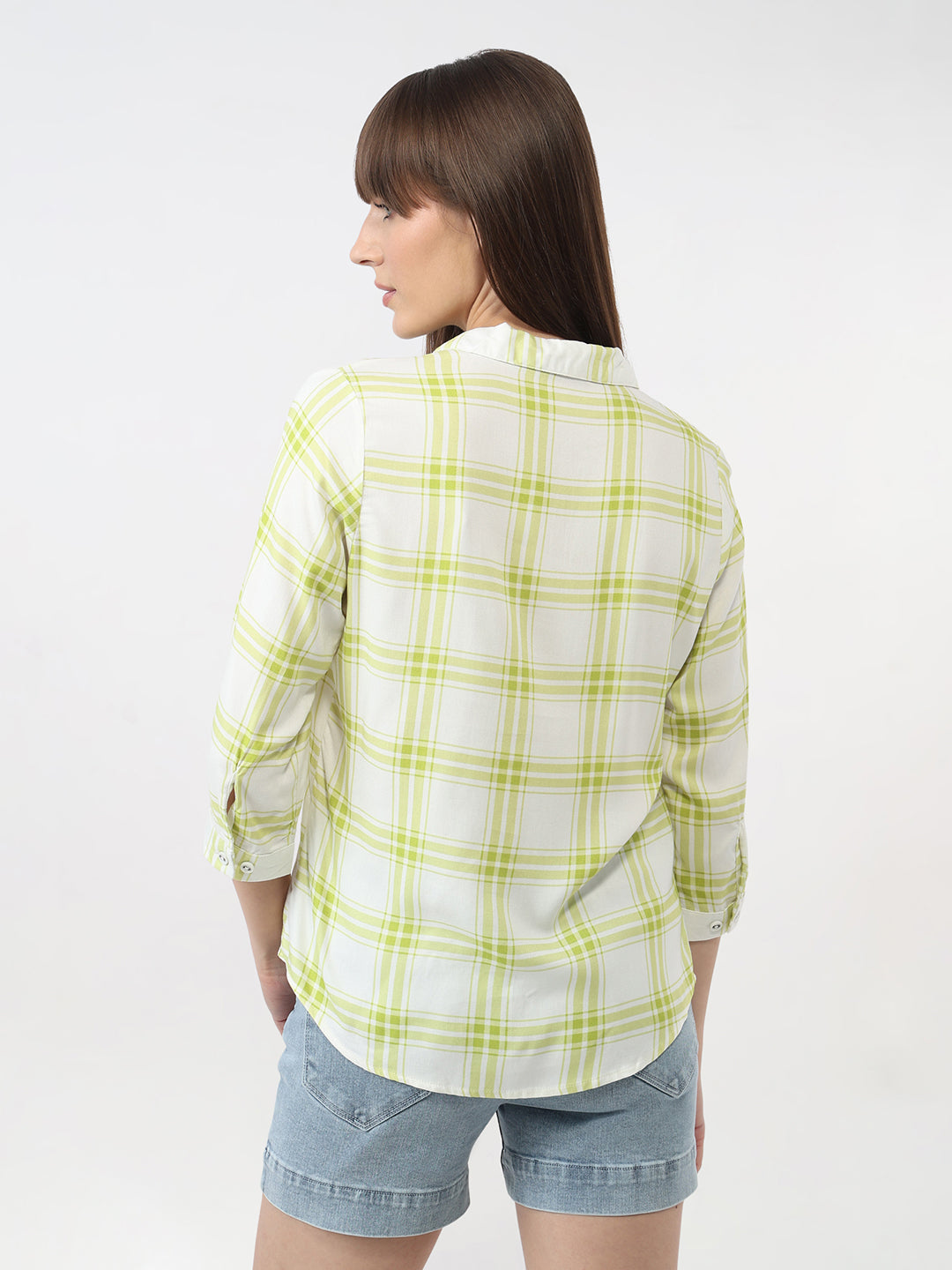 Women White/Lime Checks Slim Shirt