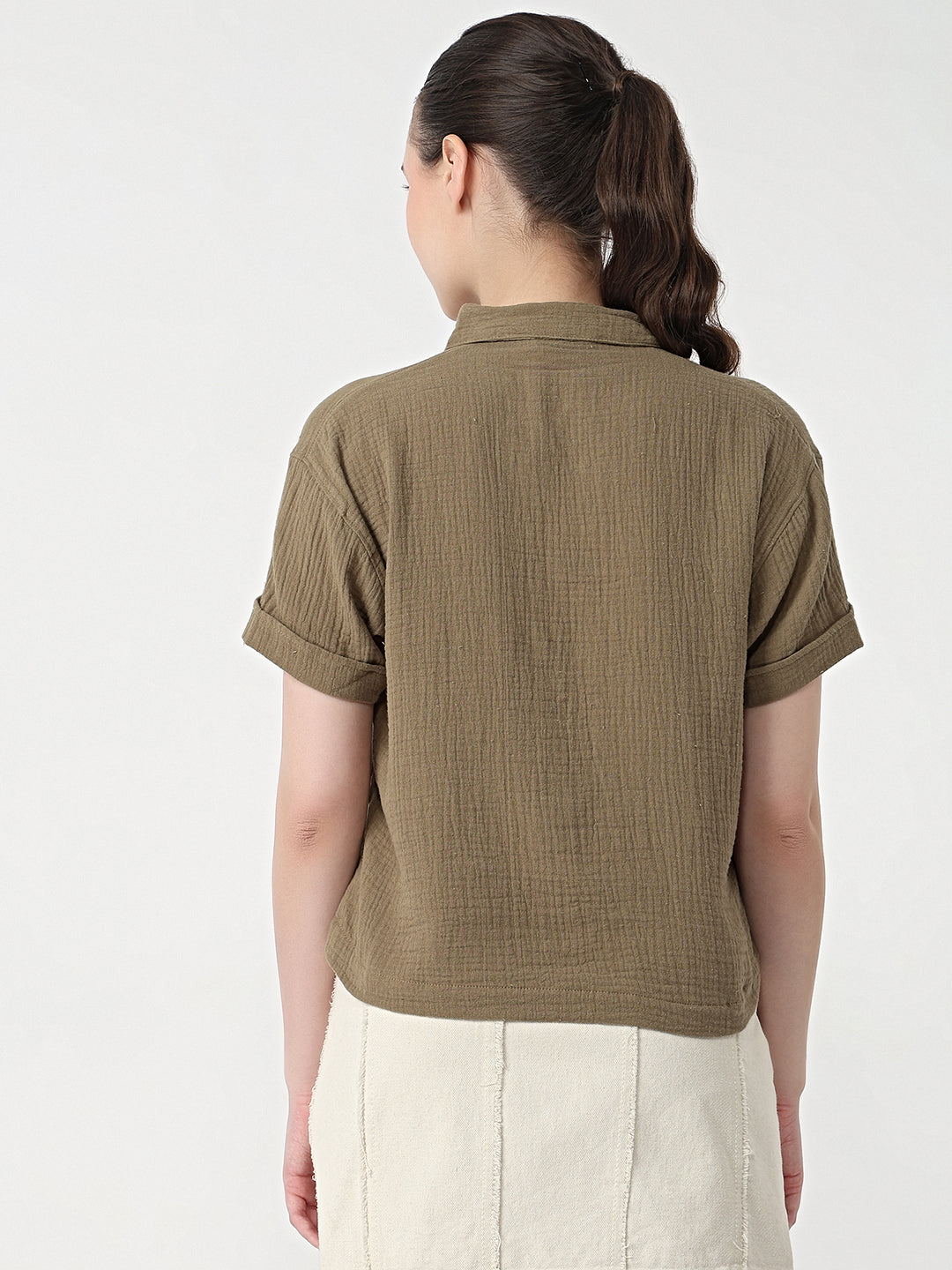 Women Olive Slim Fit Crop Shirt