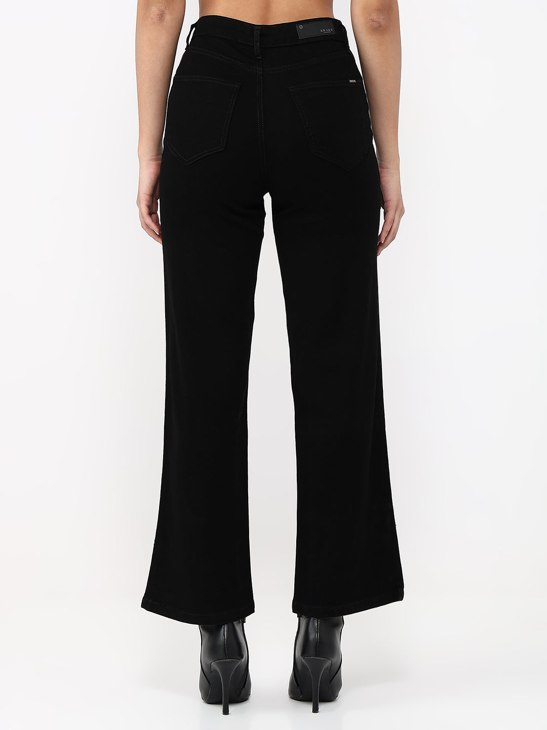 Women Black Crop Wide Leg Jeans