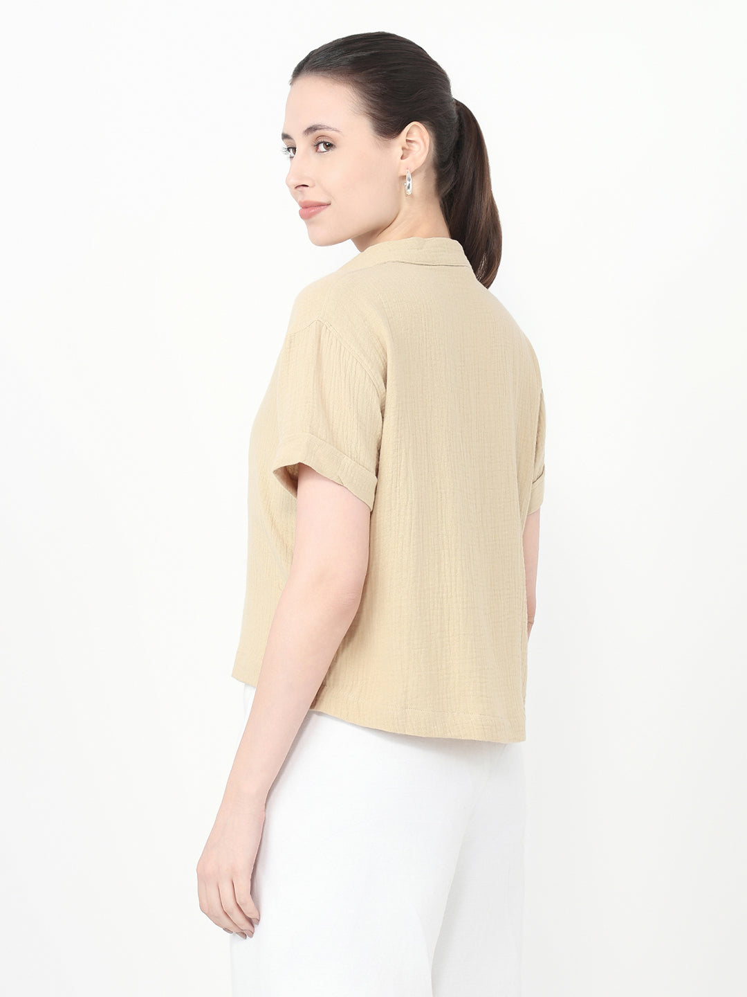 Women Oatmilk Crop Slim Shirt