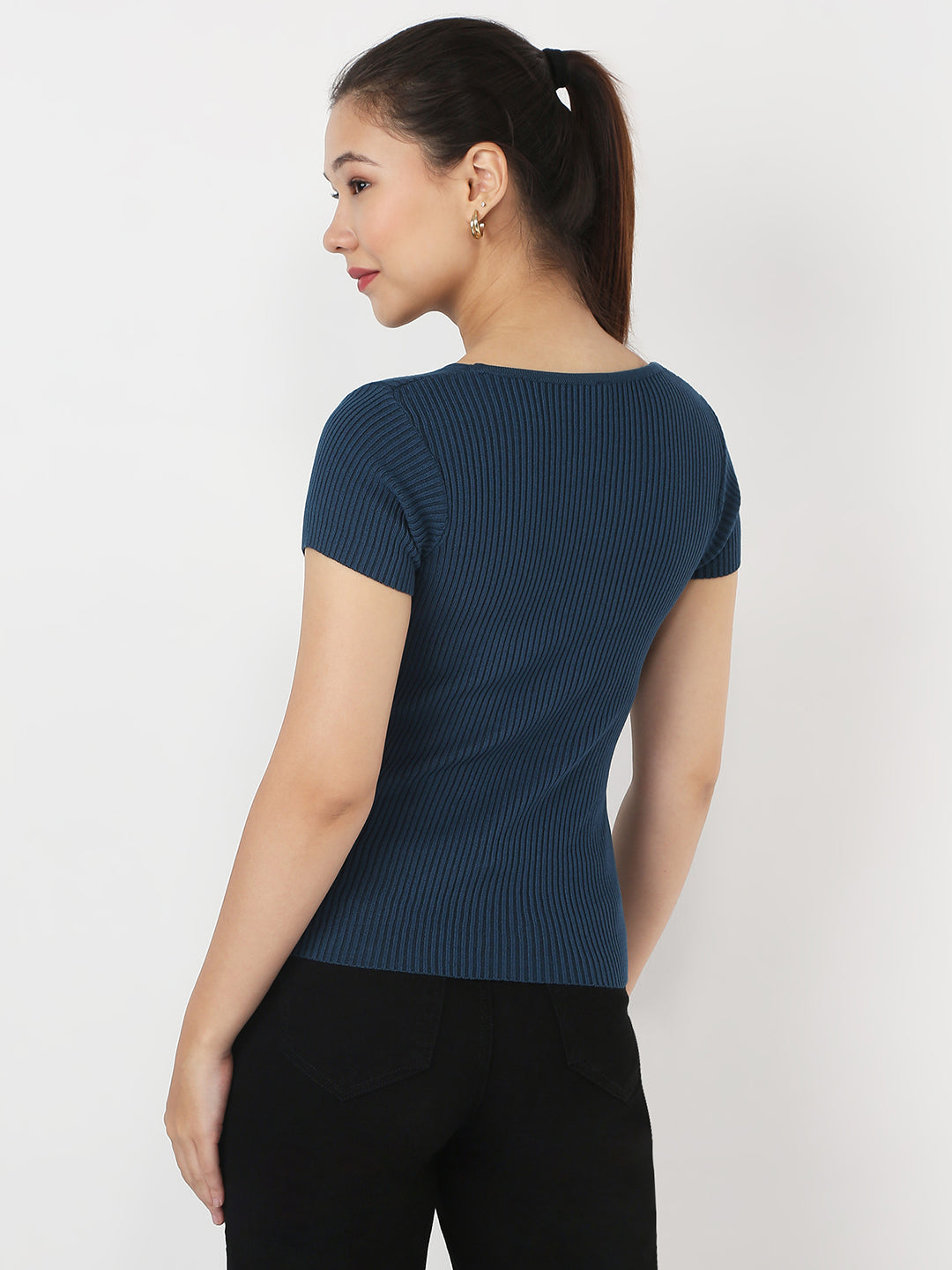 Women Teal Slim Flat Knit Top