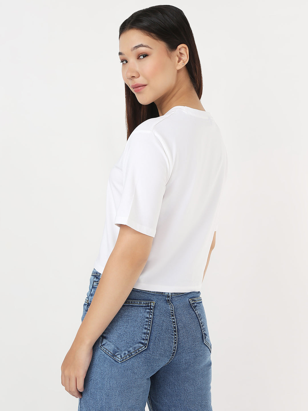 Women White Slim Crop Graphic T-Shirt