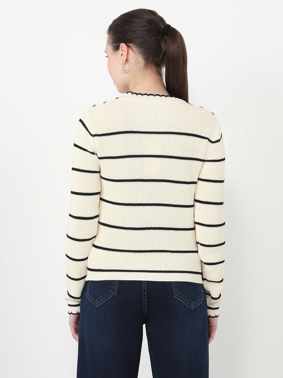 Women Ivory/Black Slim Fit Sweater