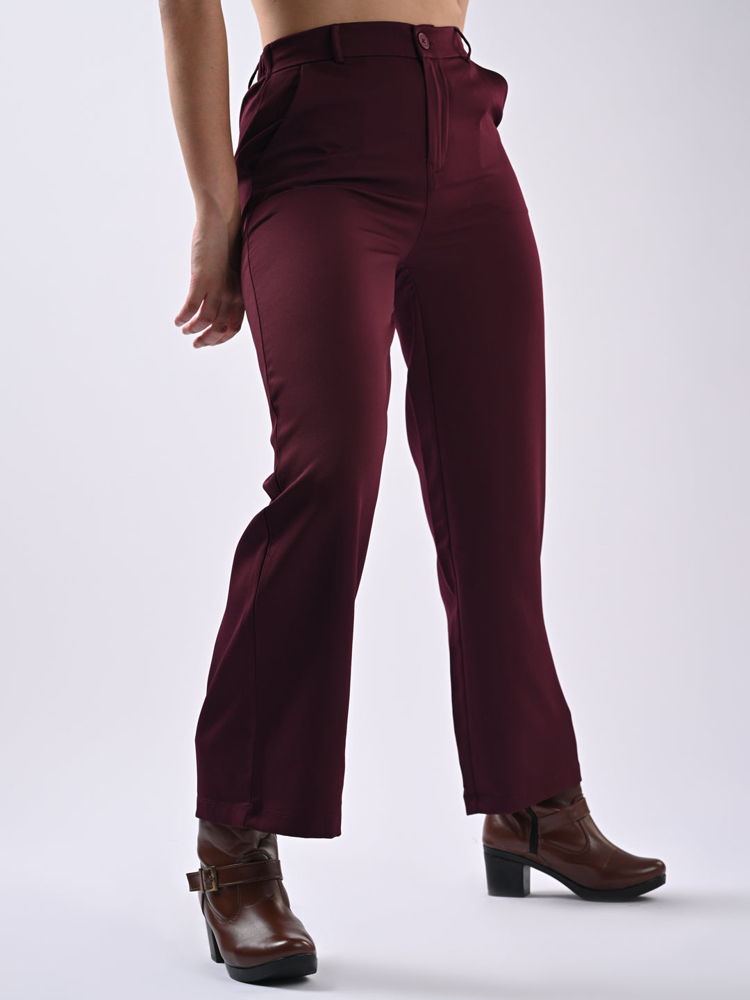 Women Wine Mid-Rise Wide Leg Trousers