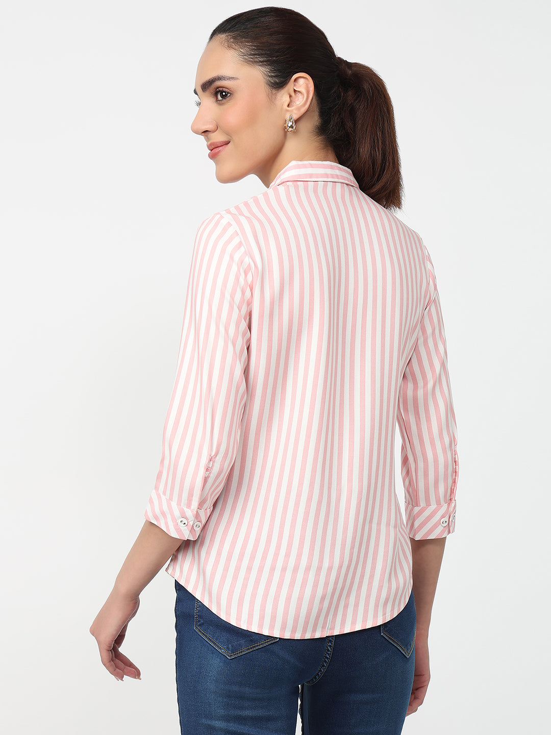 Women Peach Pink/White Striped Shirt