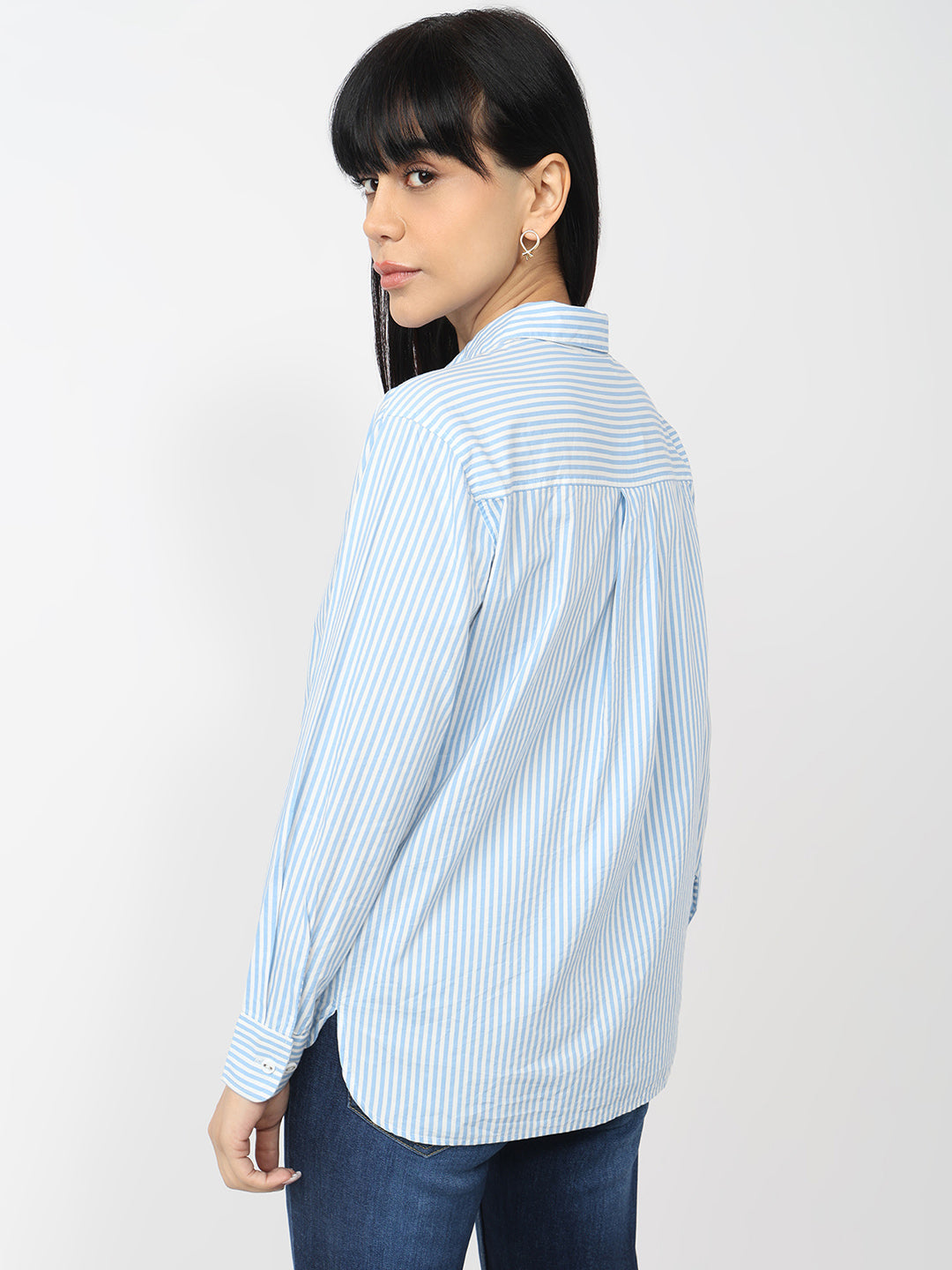 Women Sky/White Slim Fit Oversized Shirt