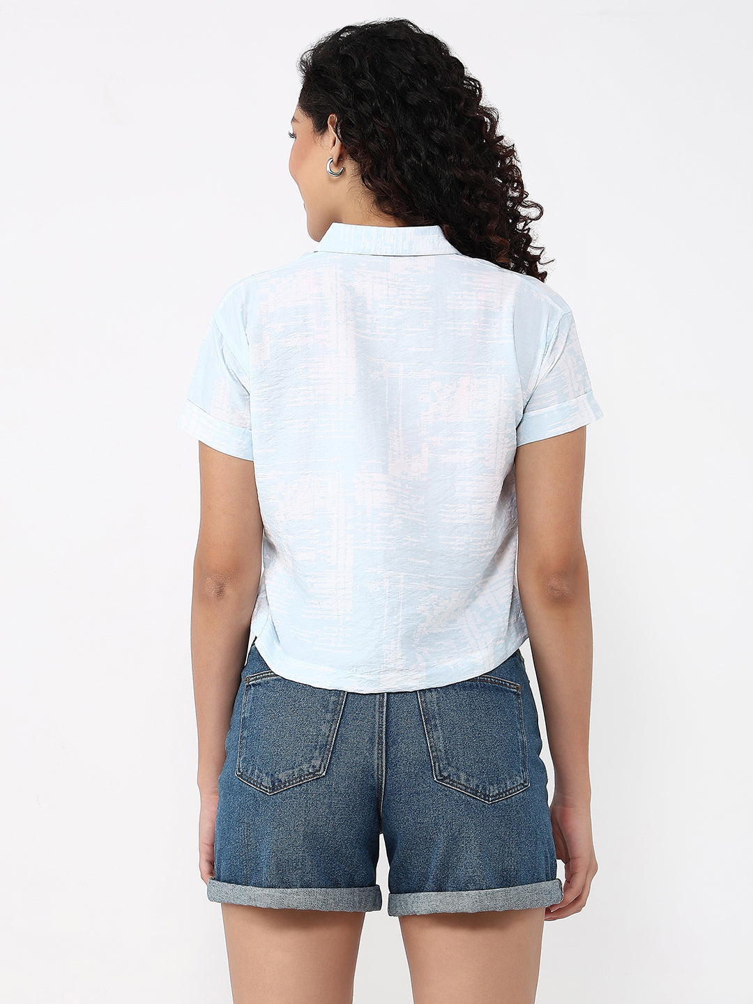 Women Abstract Sky Slim Crop Shirt