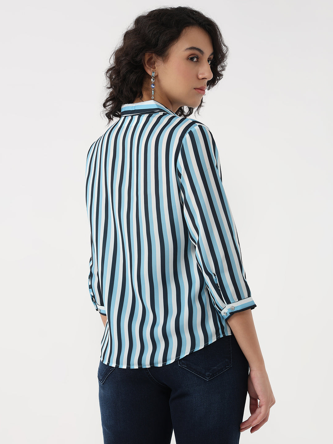 Women Sky/Navy Slim Stripe Shirt