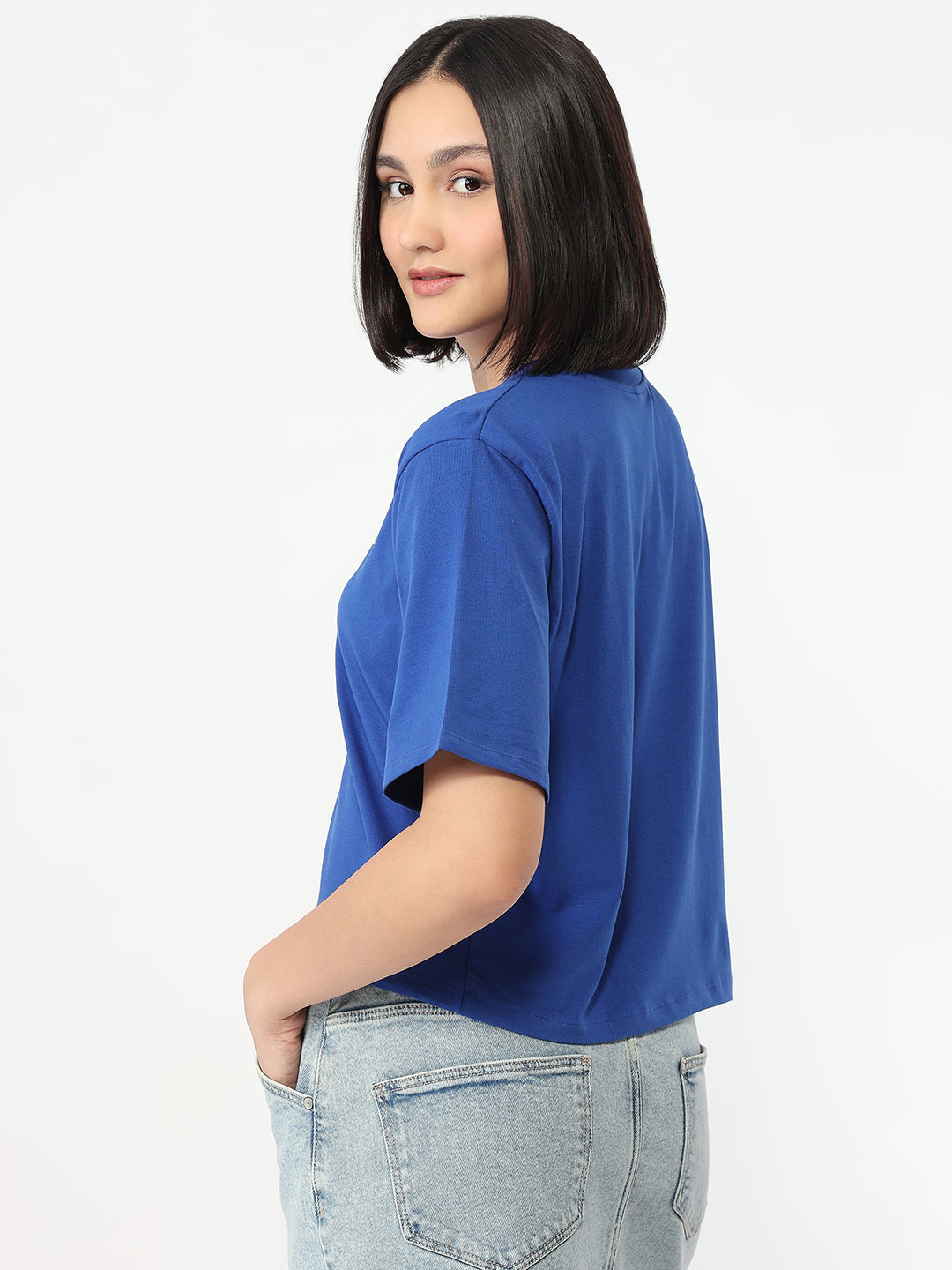 Women Electric Blue Slim Fit Boxy T-Shirt