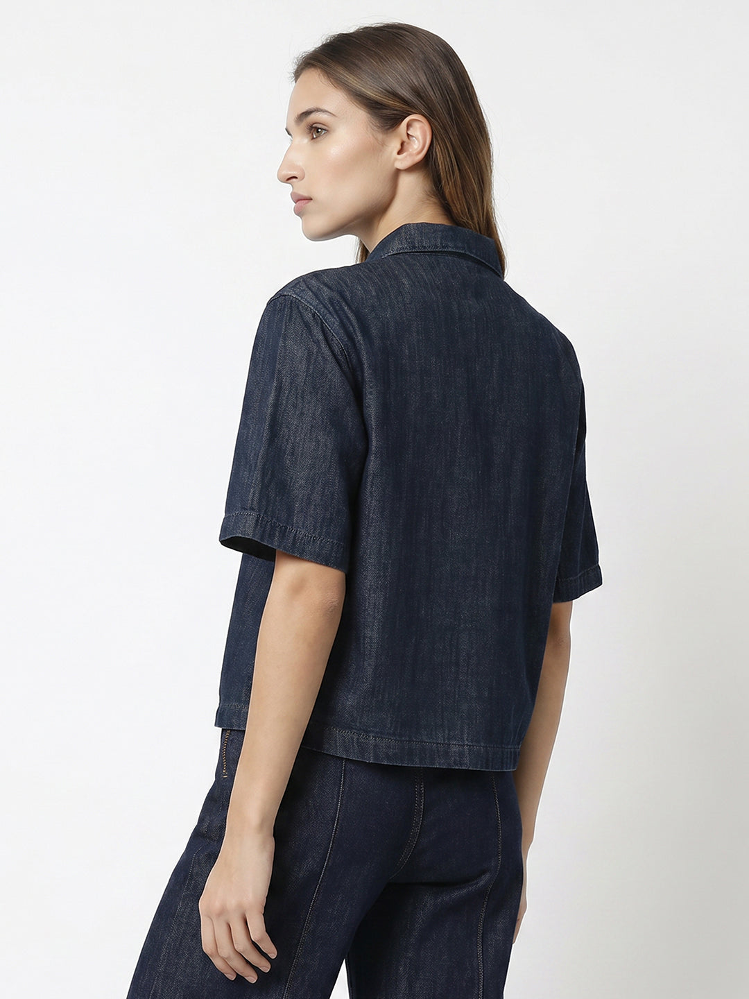Women Dark Blue Denim Crop Shirt