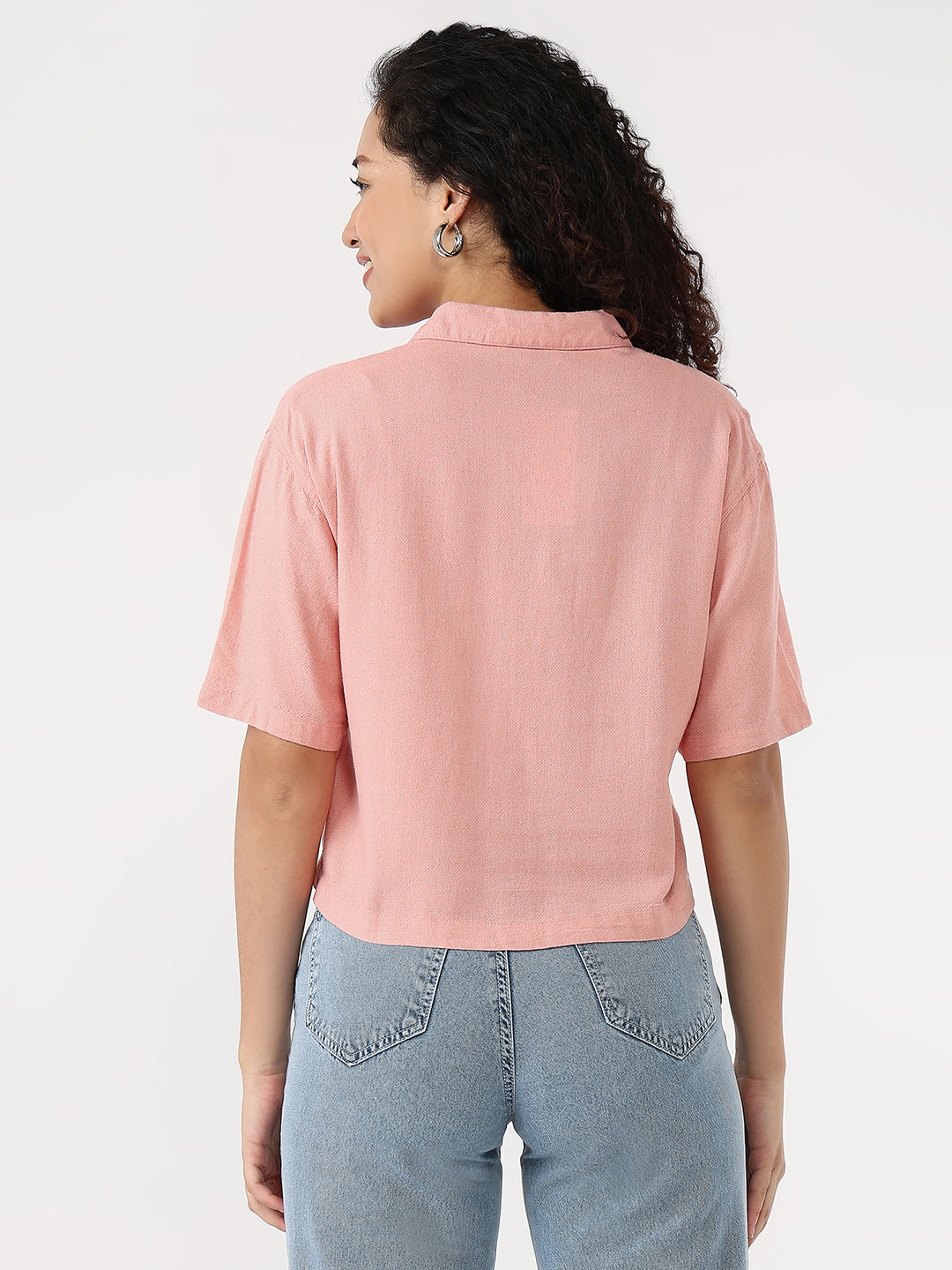 Women Blush Pink Slim Crop Shirt