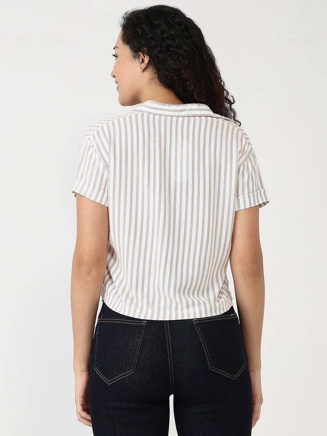 Women Beige/White Slim Crop Shirt