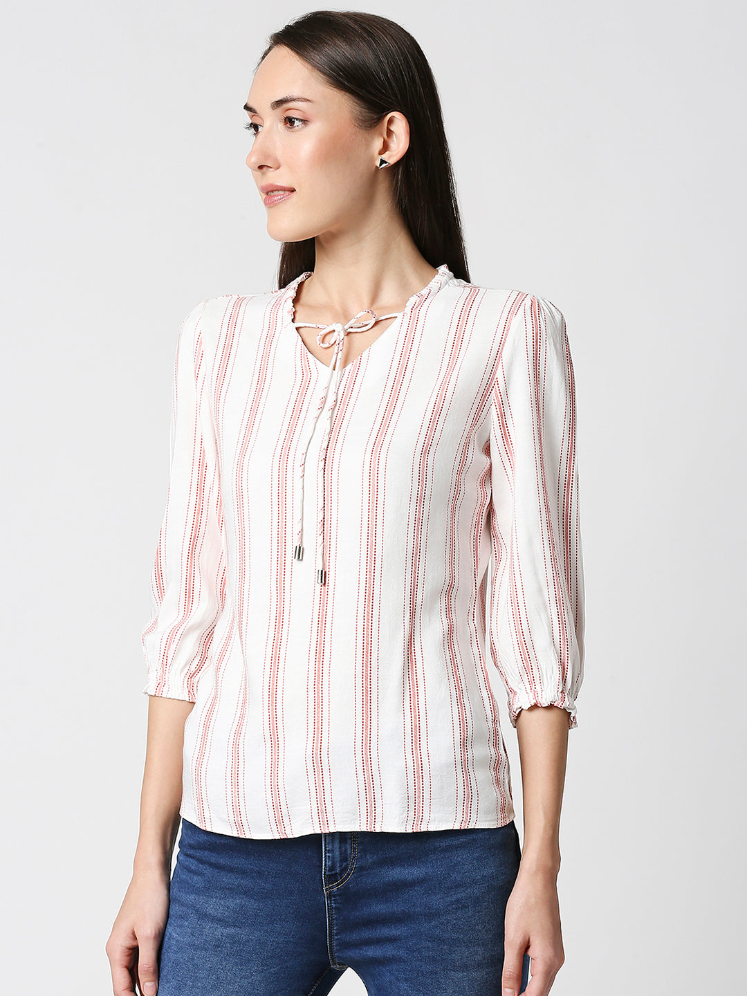 Women Red & White Slim Top