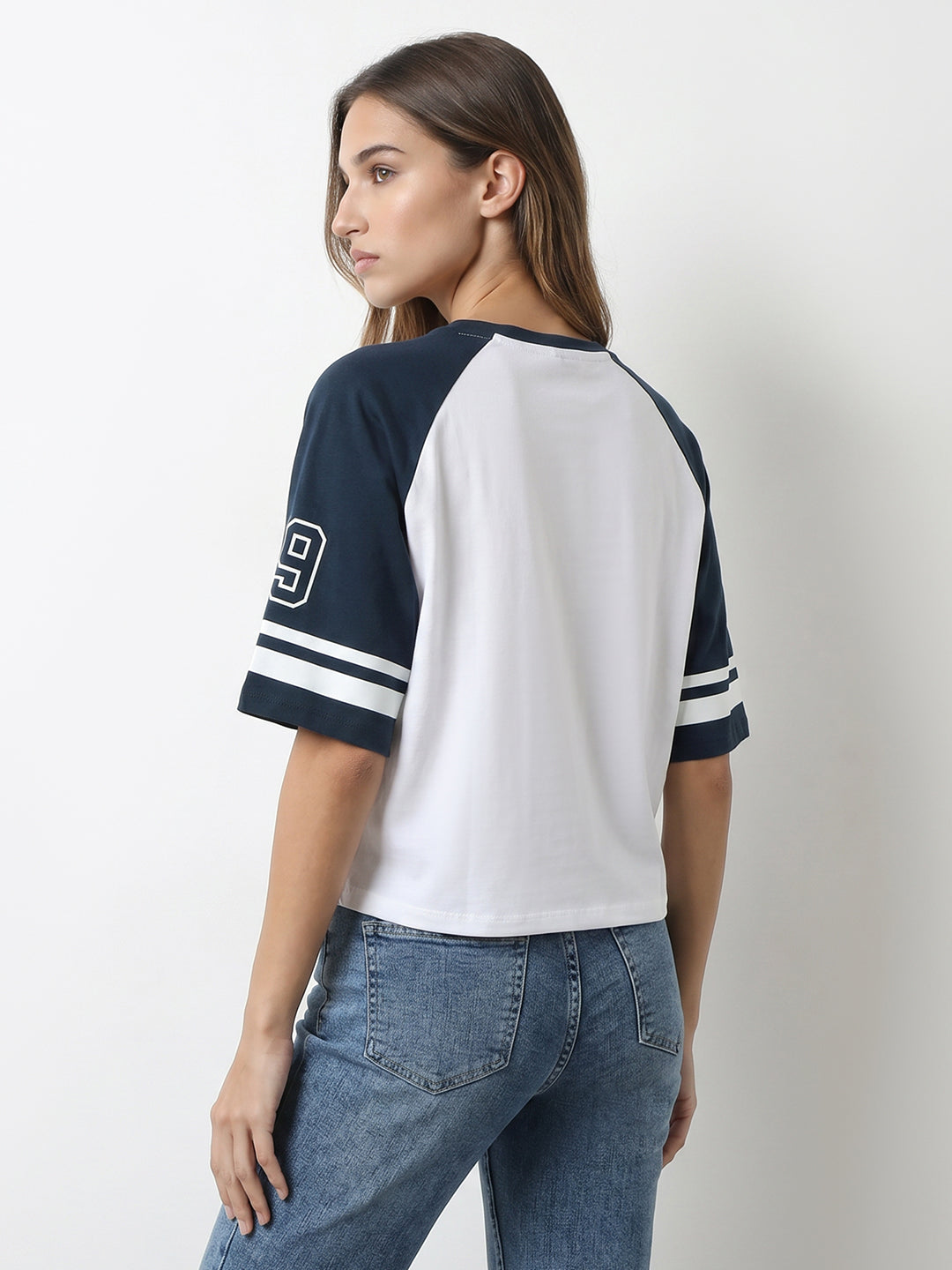 Women White/Airforce Graphic Crop Tees