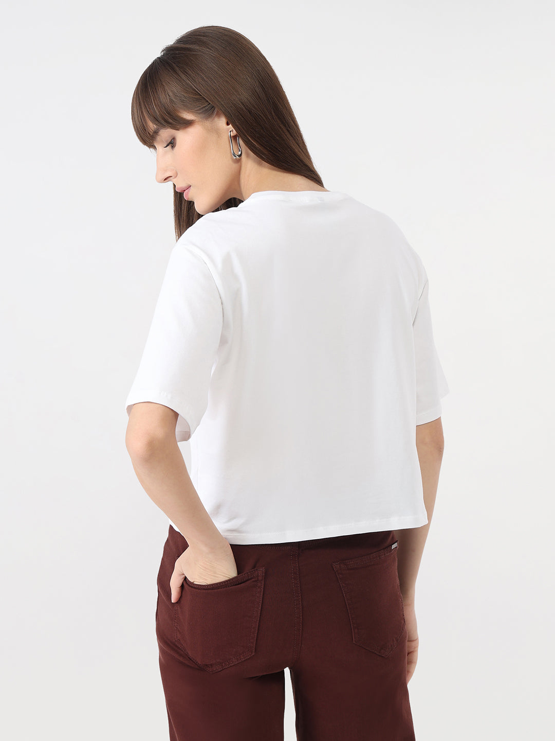 Women White Graphic Crop Slim T-Shirt
