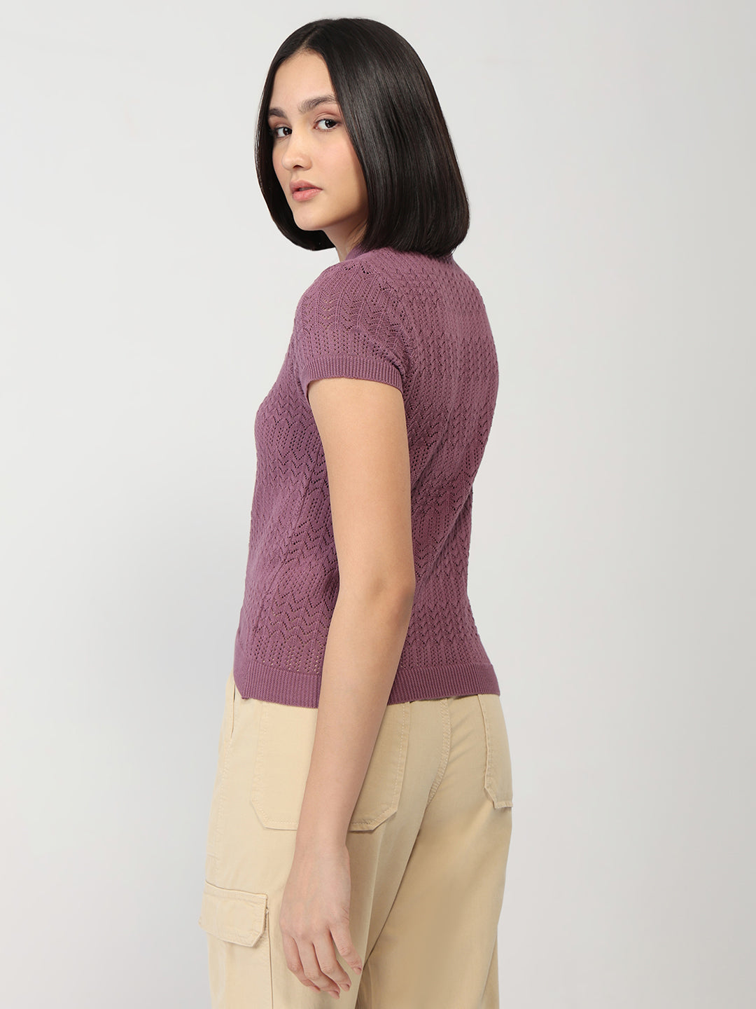 Women Mauve Slim Flat Knit Top
