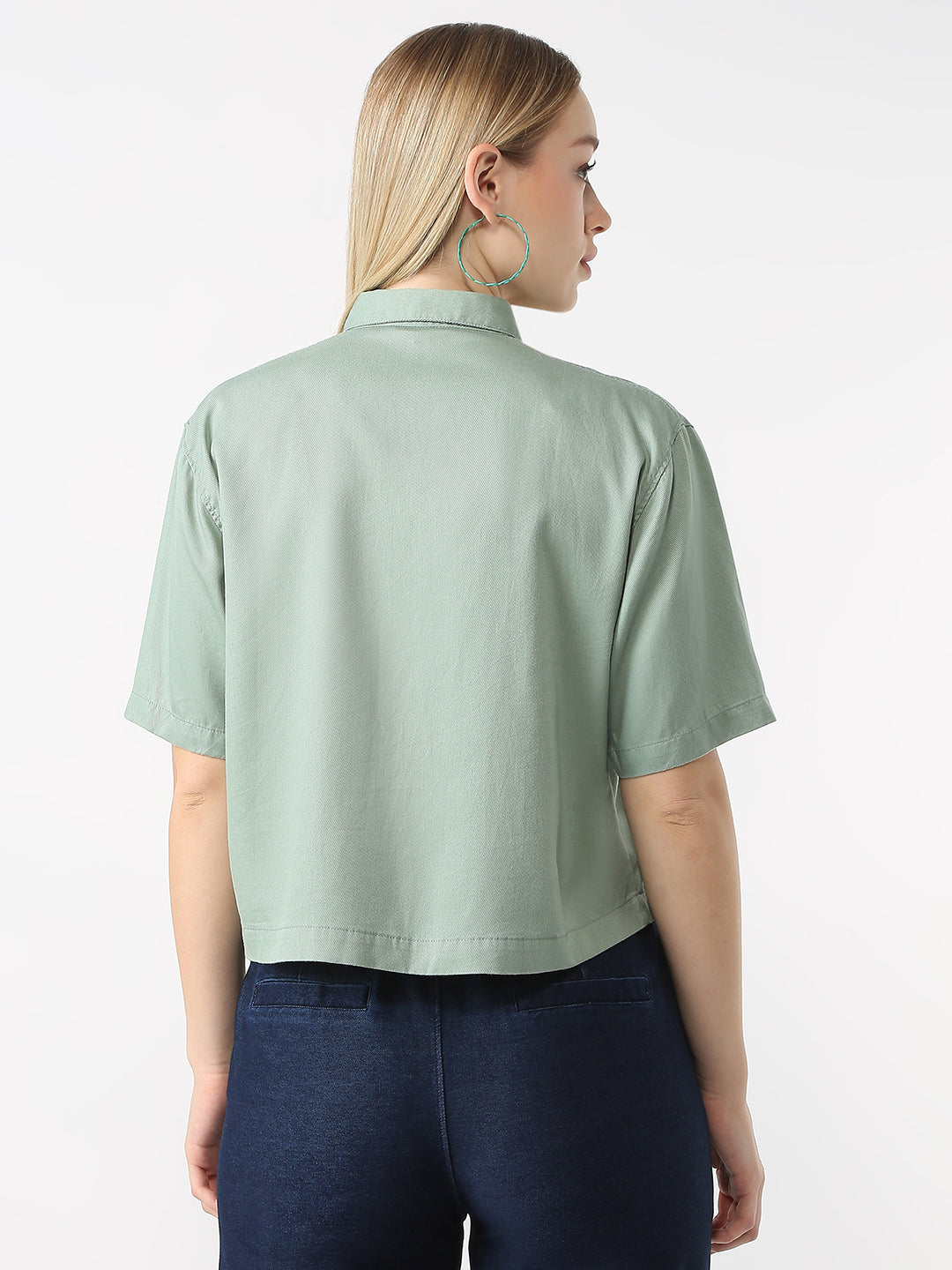 Women Mint Slim Fit Crop Shirt