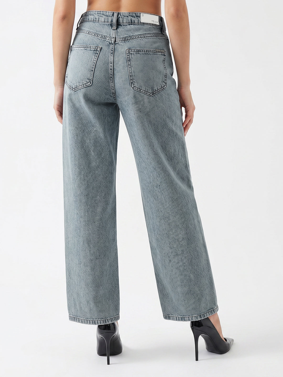 Women Light Blue High-Rise Rhinestone Wide Leg Jeans