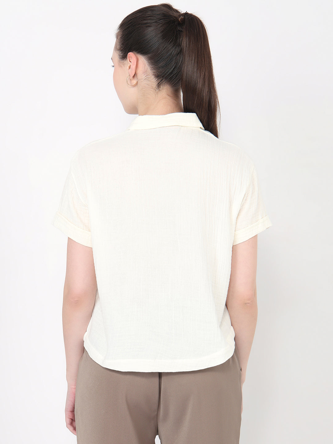 Women Ivory Slim Fit Crop Shirt