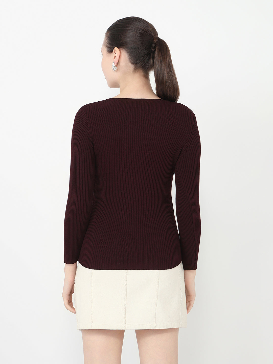 Women Wine Slim Fit Flat Knit