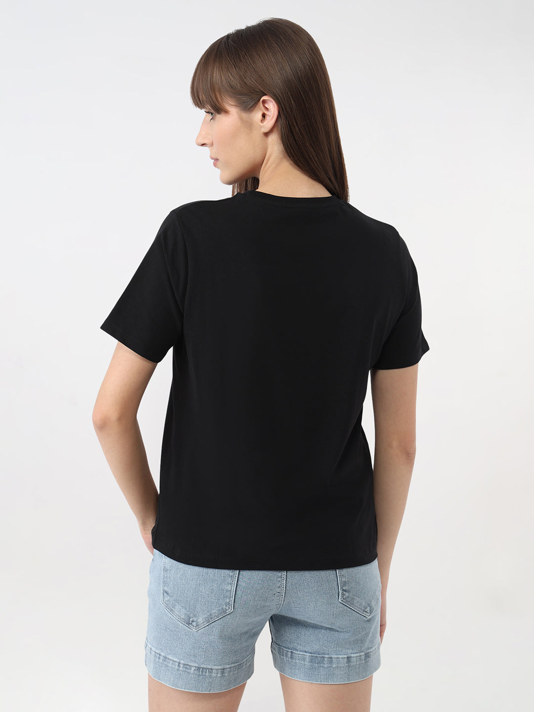 Women Black Graphic Slim T-Shirt
