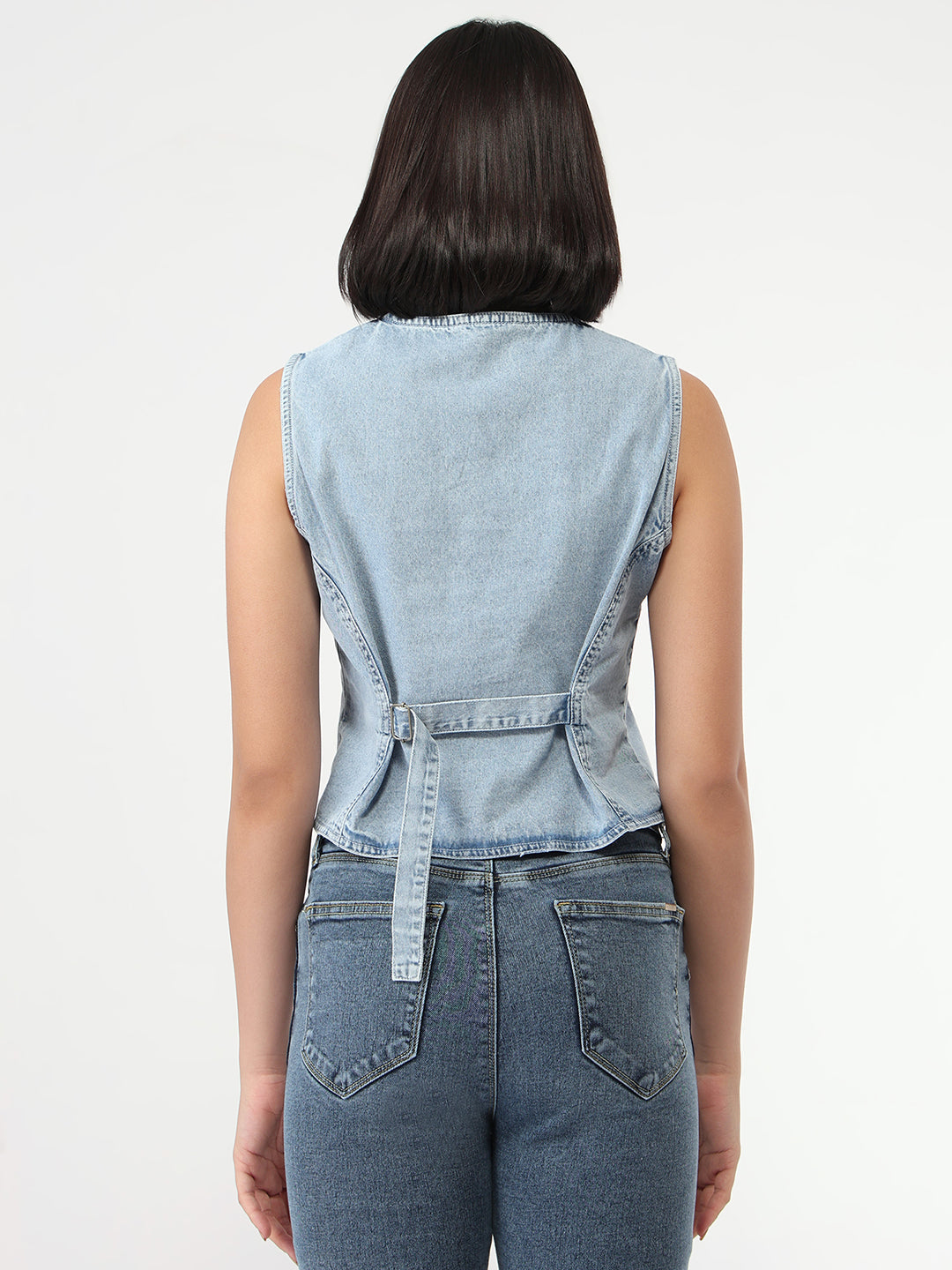 Women Light Blue Slim Fit Denim Vest