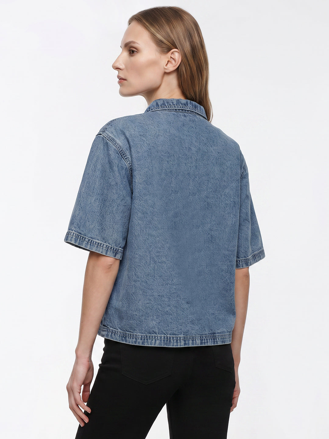 Women Light Blue Crop Denim Shirt