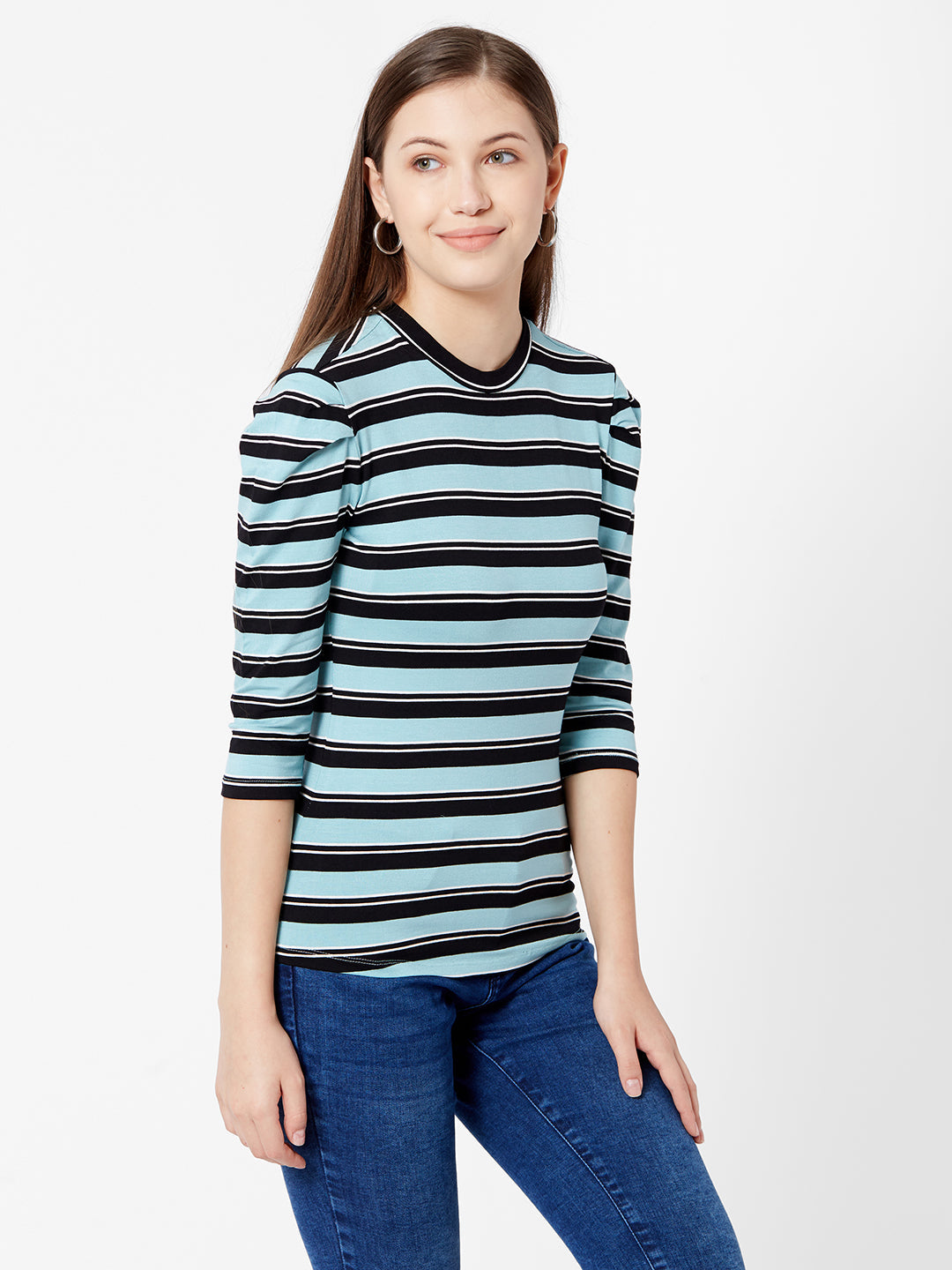 Women Aqua Black Stripe T-Shirt