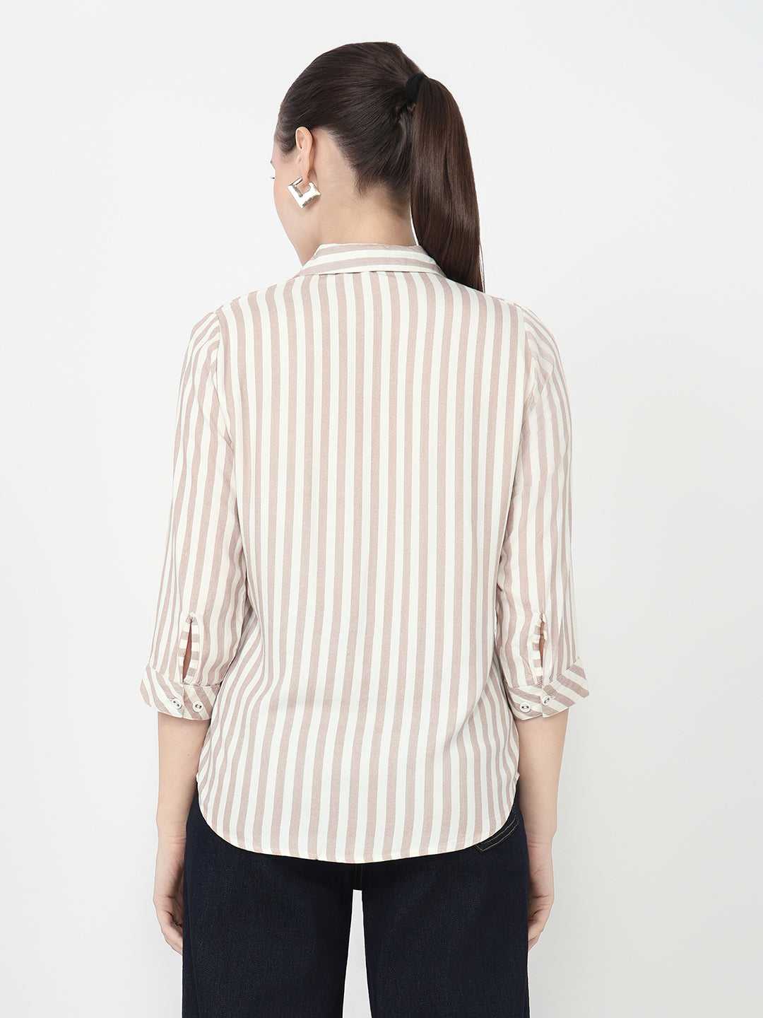 Women Brown/White Slim Fit Shirt