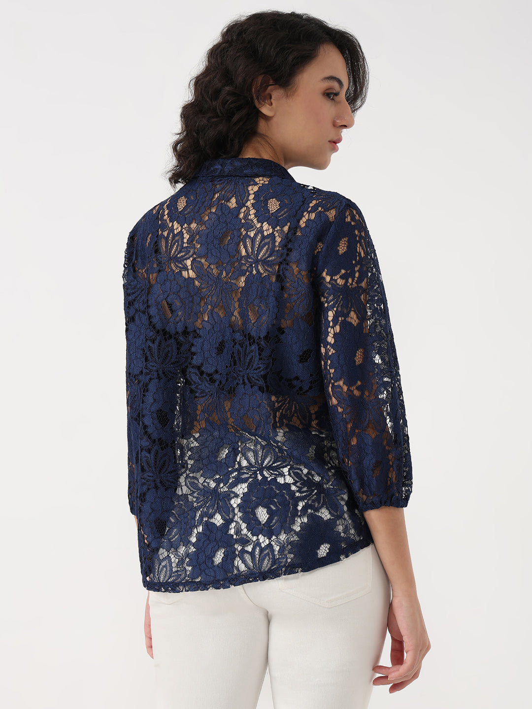 Women Navy Slim Lace Shirt