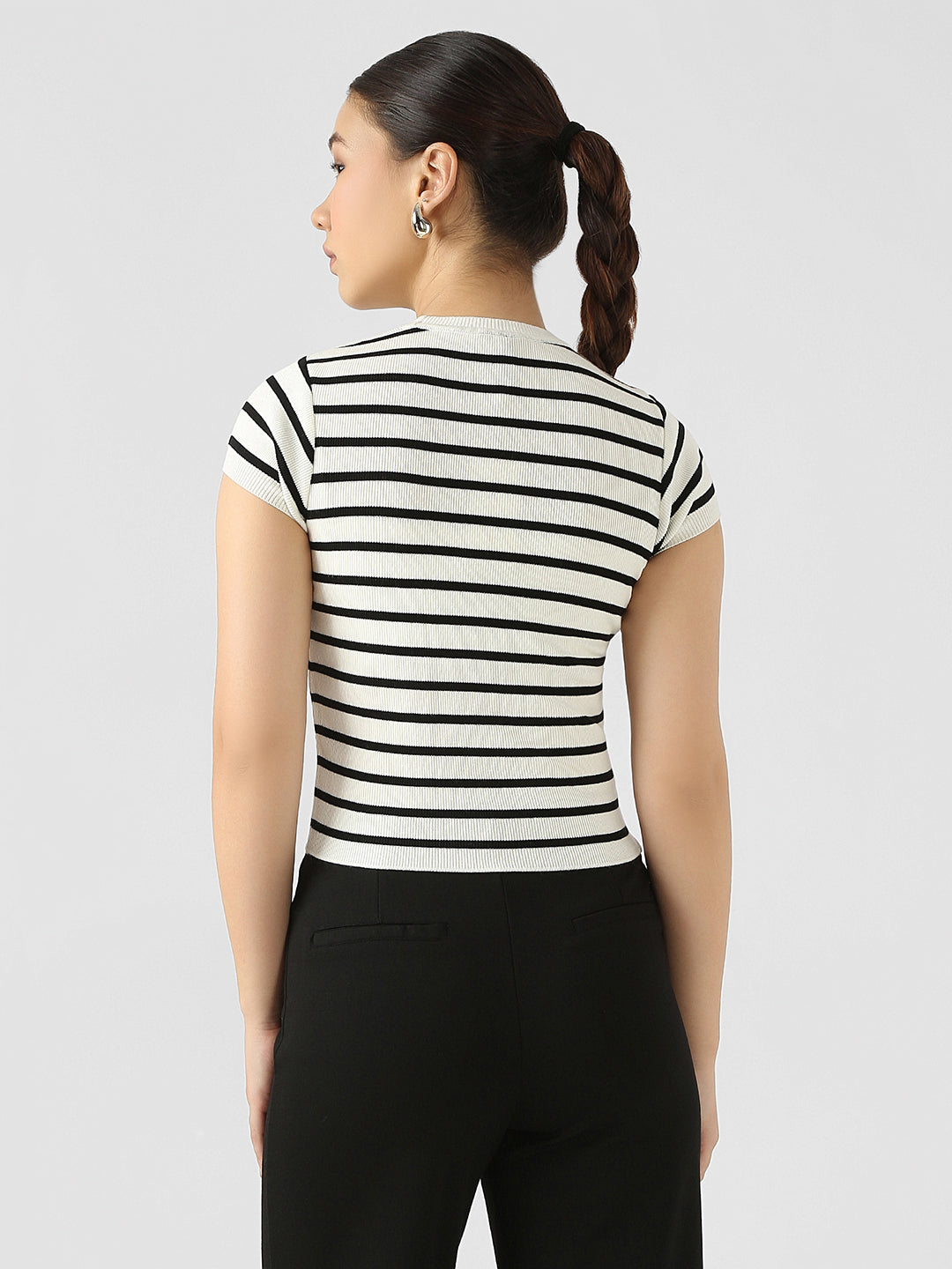 Women Black/White Stripe Flat Knit