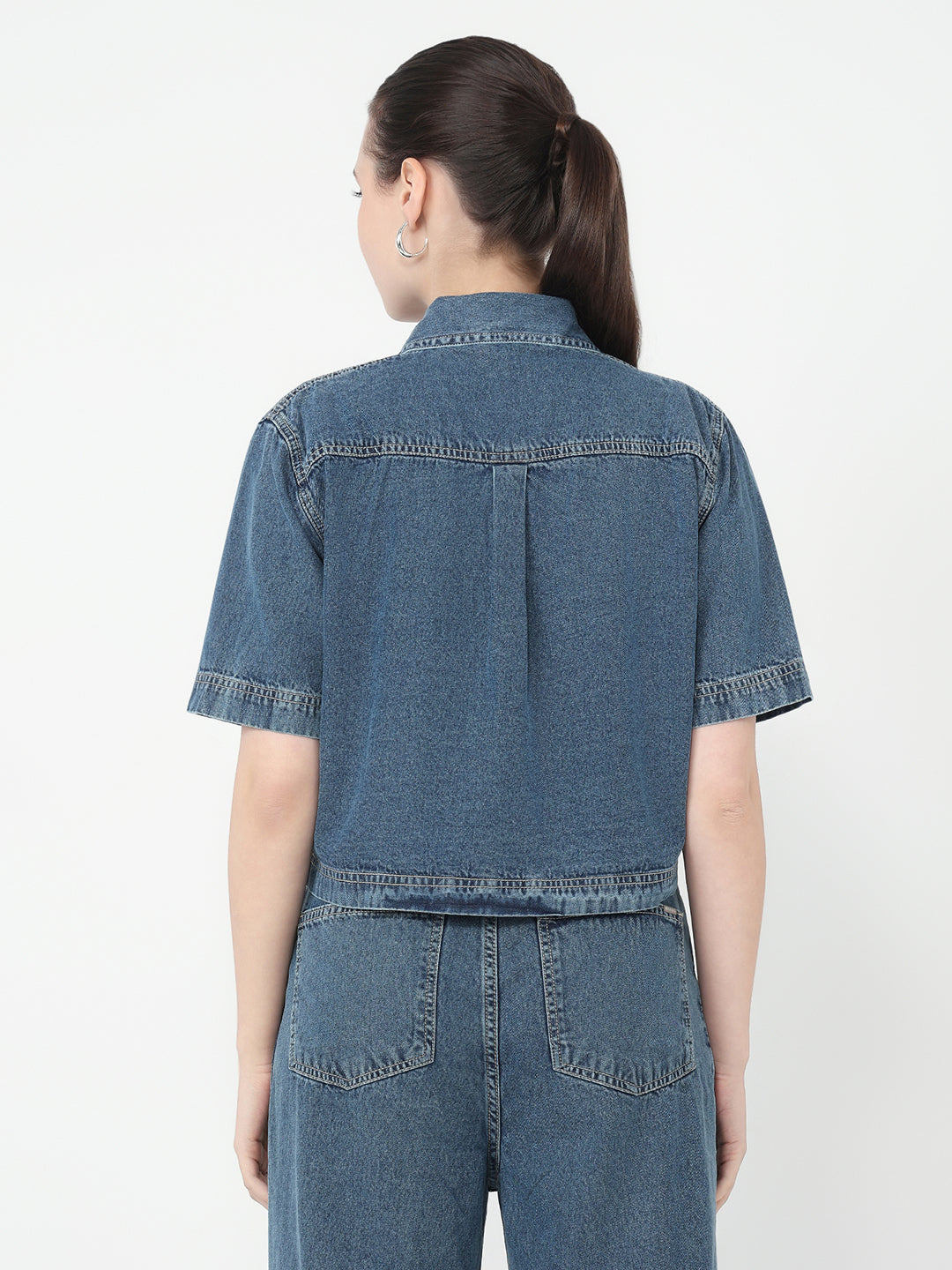 Women Blue Slim Fit Crop Shirt