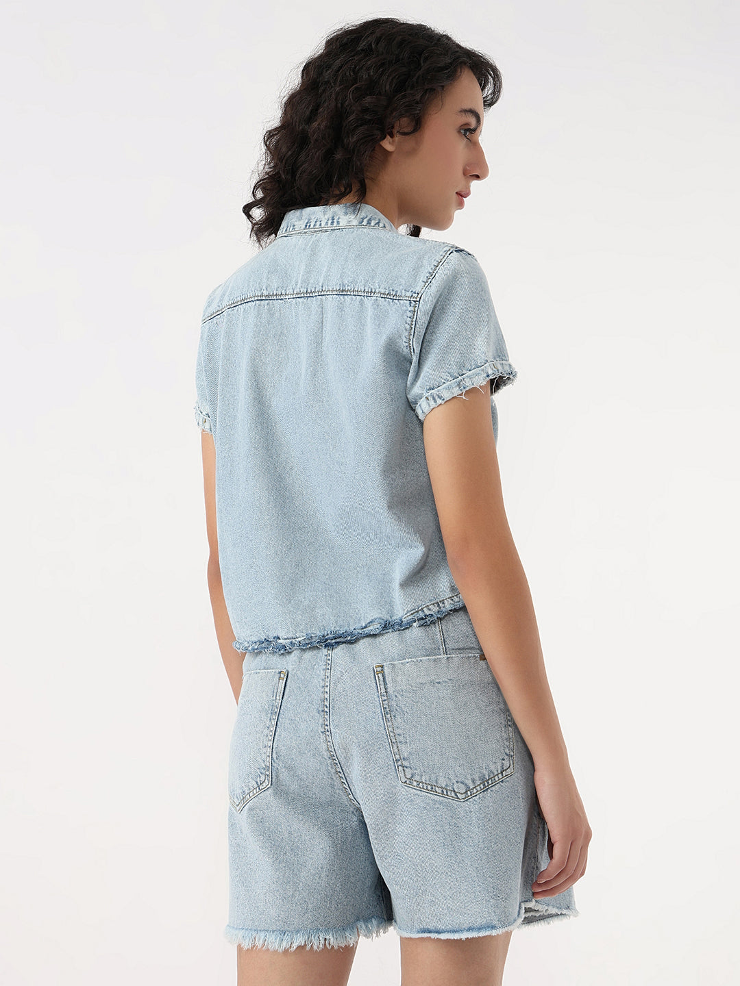Women Light Blue Slim Crop Denim Shirt