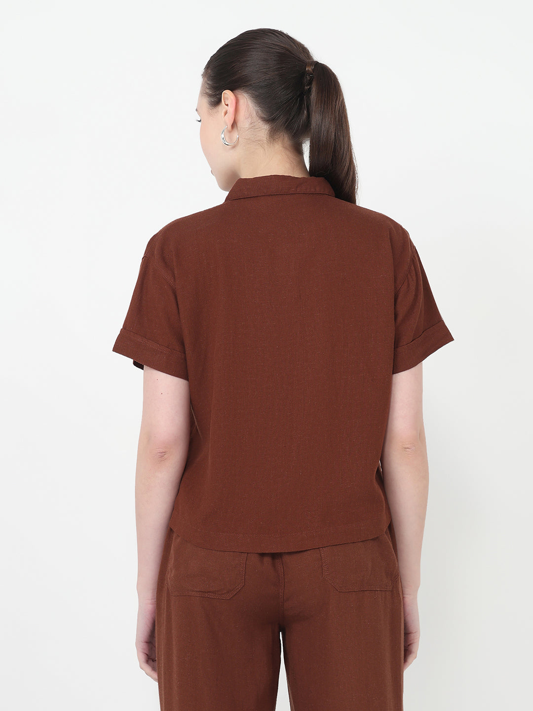 Women Sepia Slim Fit Crop Shirt