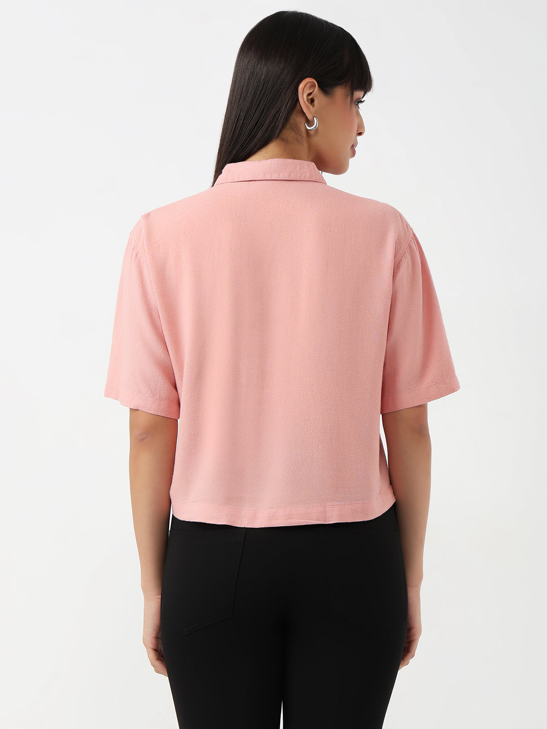 Women Blush Pink Slim Crop Shirt