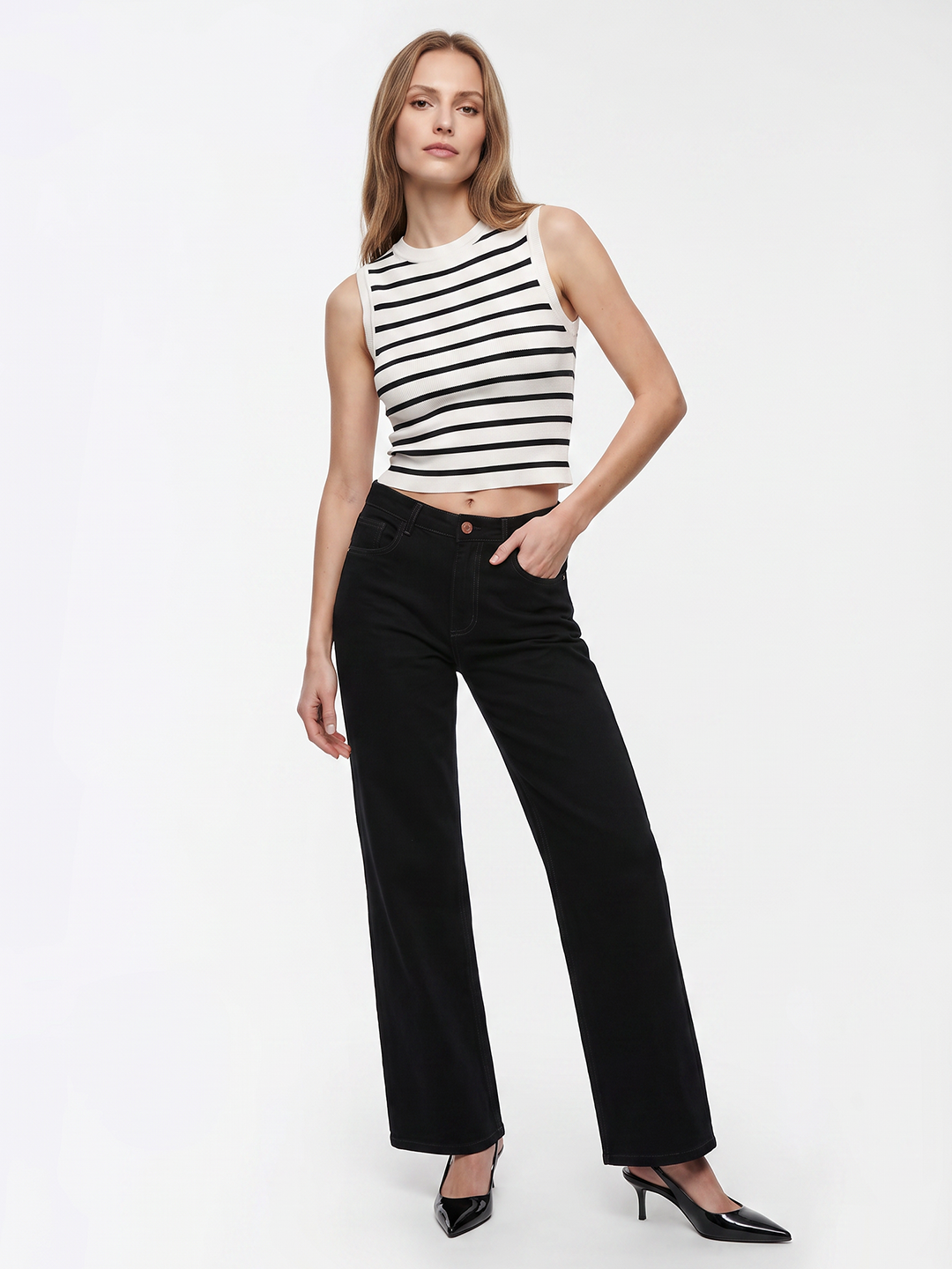 Women Black/White Stripe Tank Top