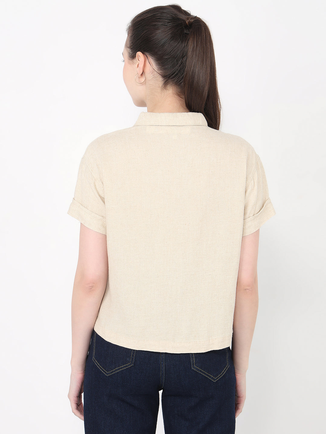 Women Dark Natural Slim Fit Crop Shirt