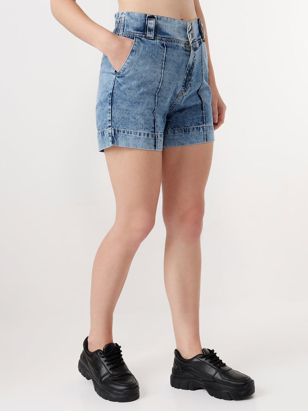 Women Dark Blue High-Rise Slim Shorts
