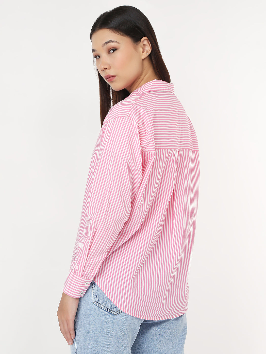 Women Pink/White Slim Oversized Shirt