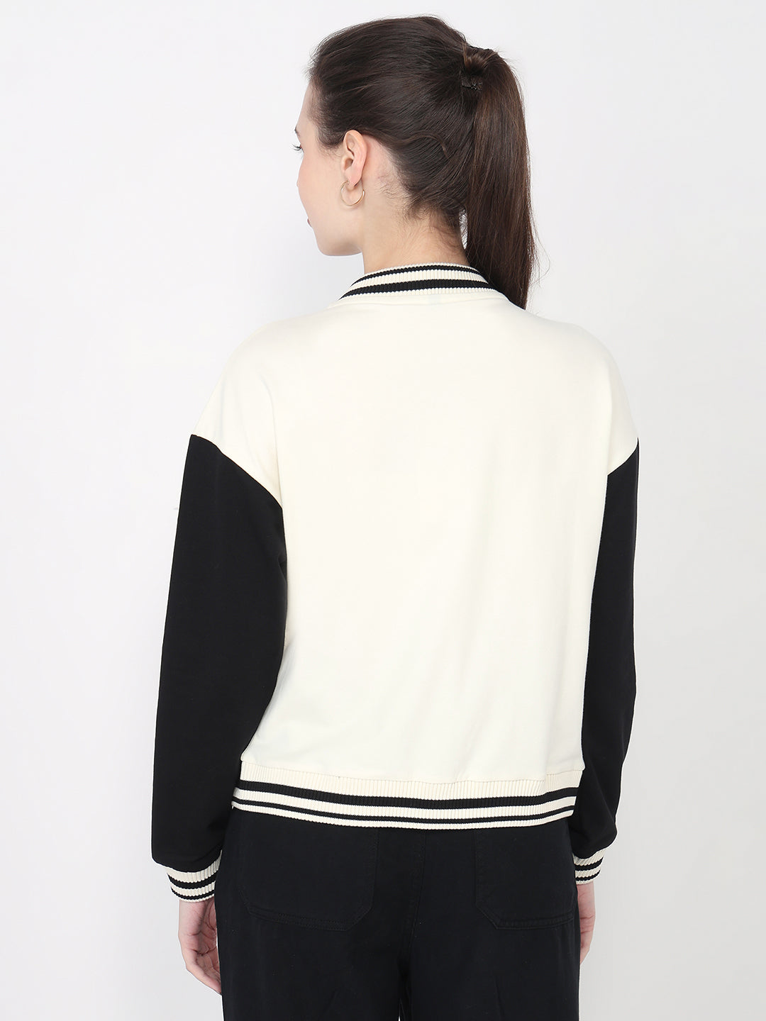 Women Ivory/Black Slim Fit Varsity Jacket