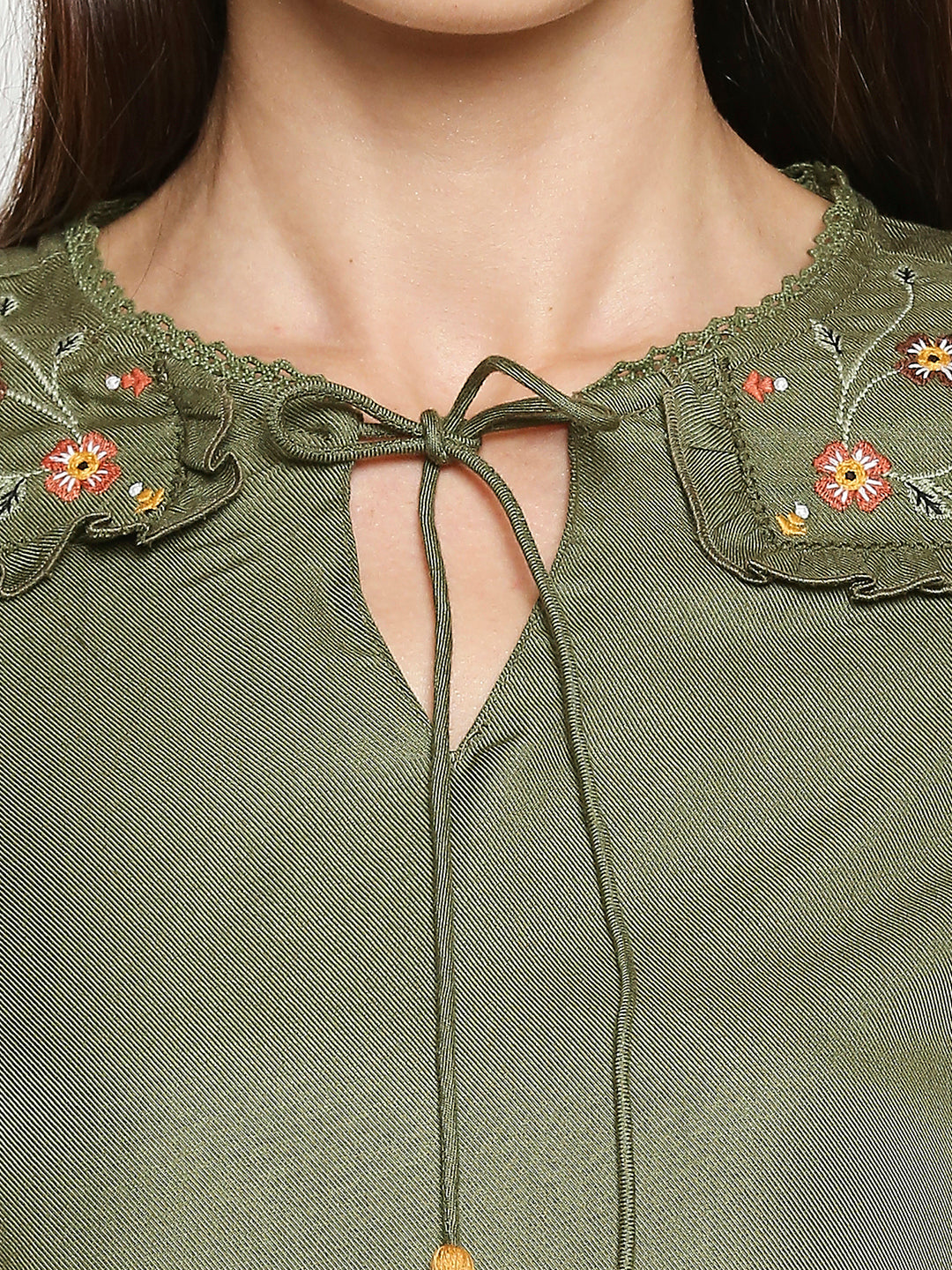 Women Olive Embroidery Top