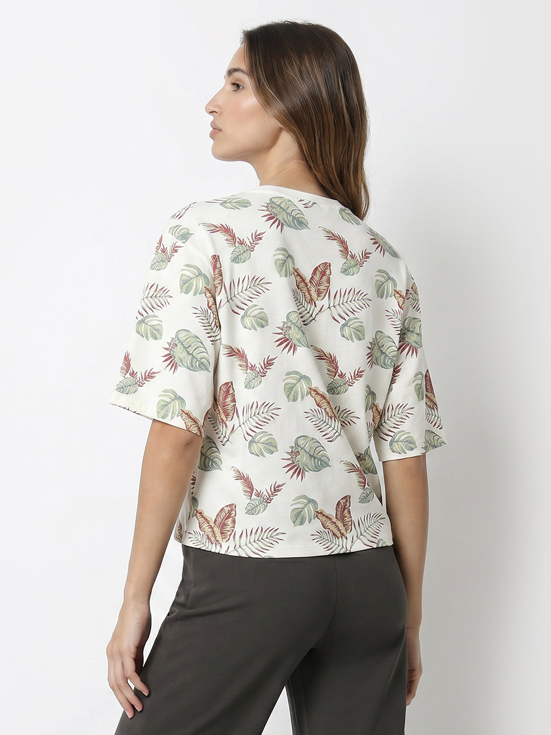 Women Leaf Print Graphic Crop Tees