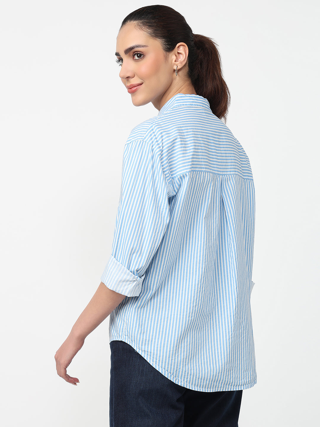Women Sky/White Striped Oversized Shirt