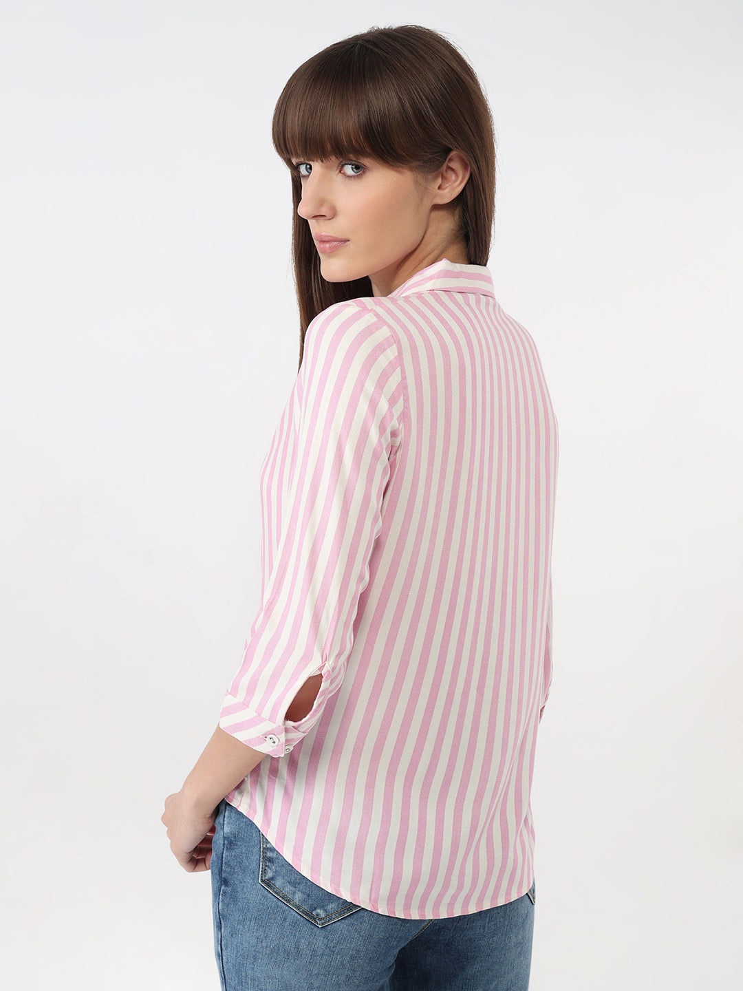 Women Pink/White Striped Slim Shirt