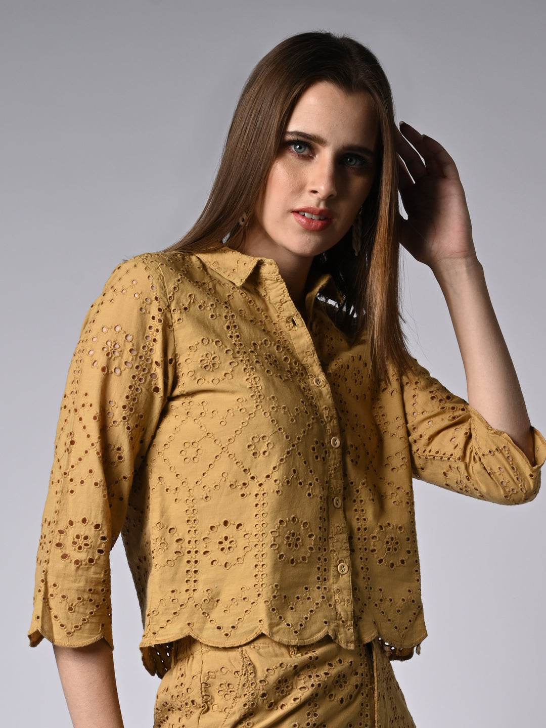 Women Self Design Mustard Shirt