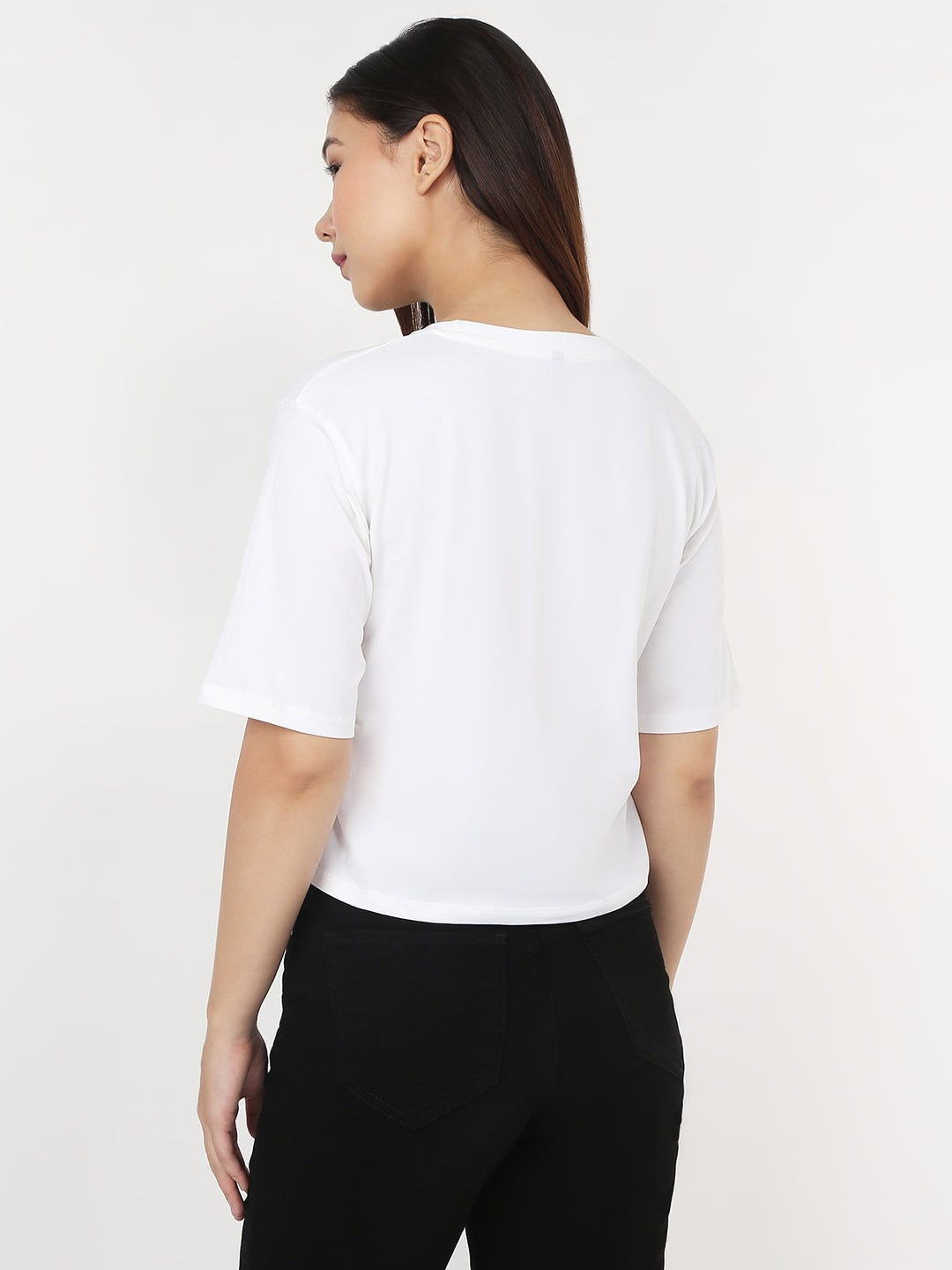 Women White Slim Crop Graphic T-Shirt